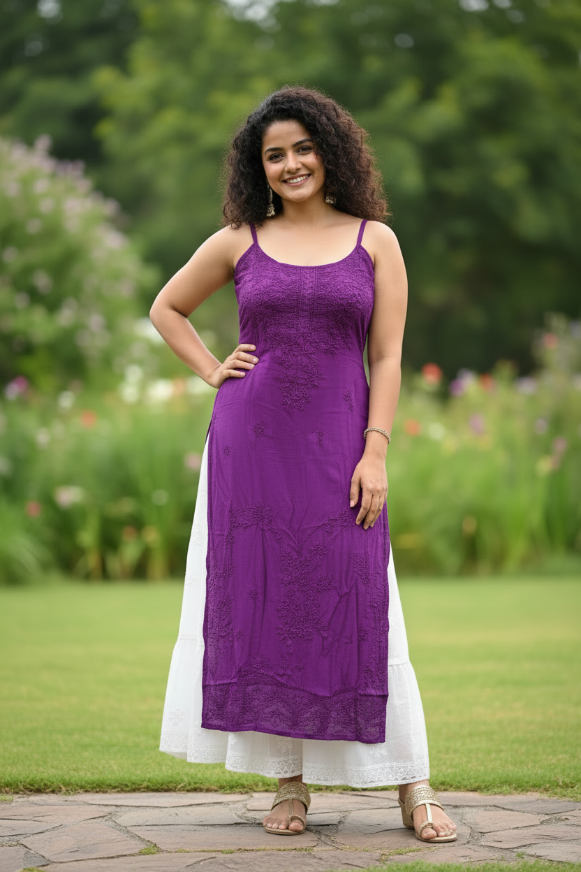 Mehr Chikankari Rayon Strappy Kurta - Purple