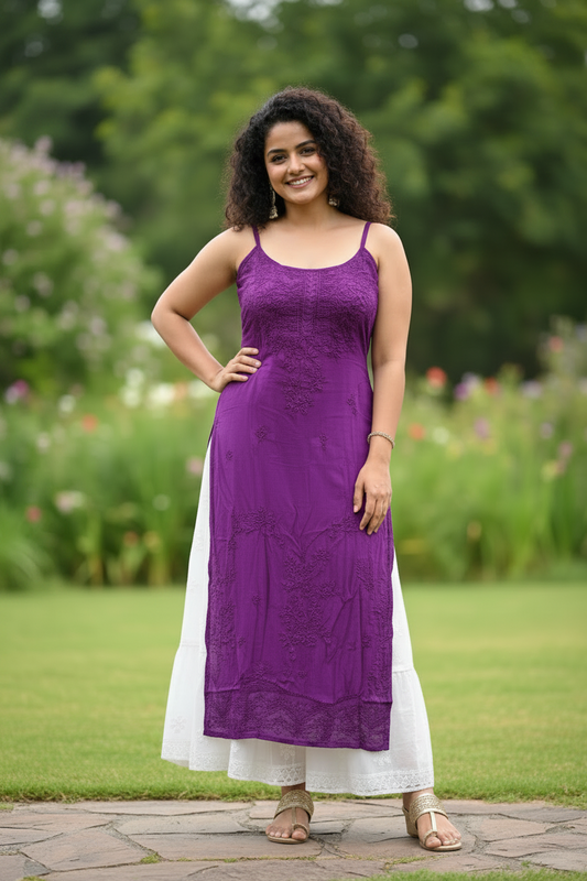 Mehr Chikankari Rayon Strappy Kurta - Purple