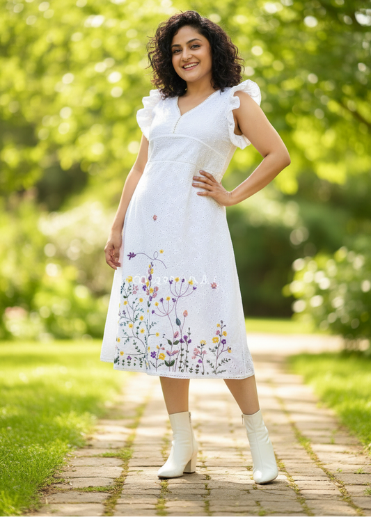 Bianca Embroidered Hakoba Cotton Empire Waist Dress