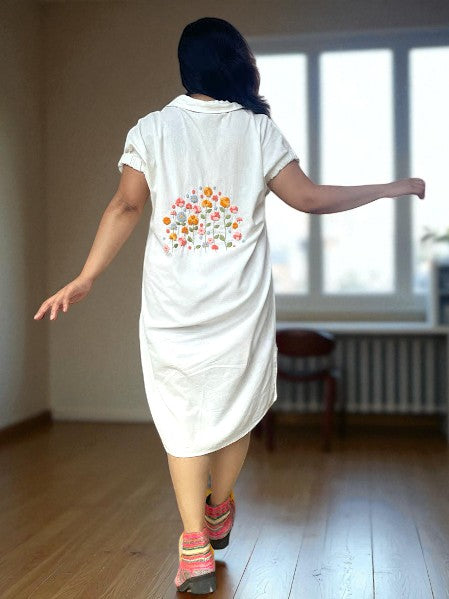 Fleurs Embroidered Antifit Cotton Shirt Dress