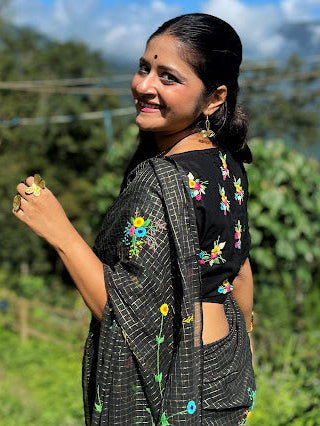 Vibhabari Hand- Embroidered Glass Sleeved Blouse - Black