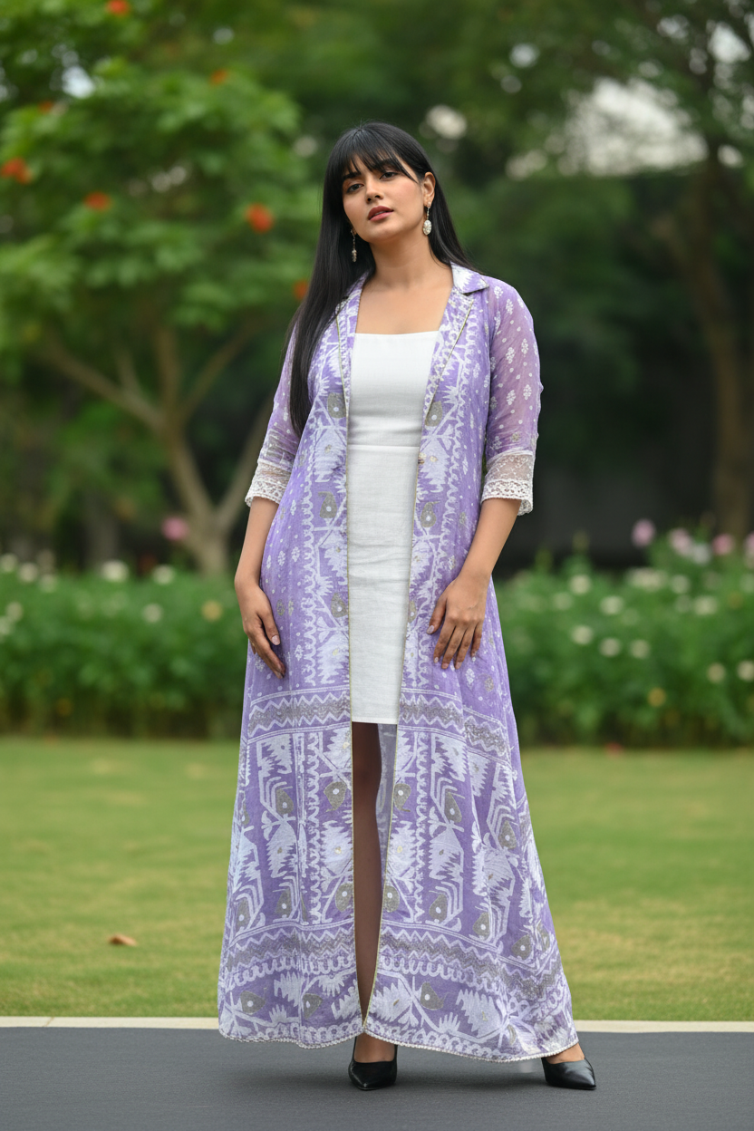Johanna Jamdani Cotton Long Jacket - Purple