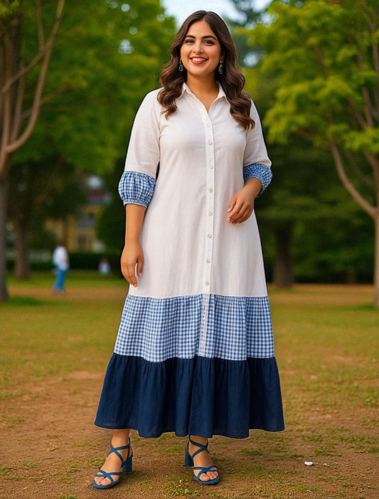 Kaiya Gamchha Accent Cotton Tiered Long Dress
