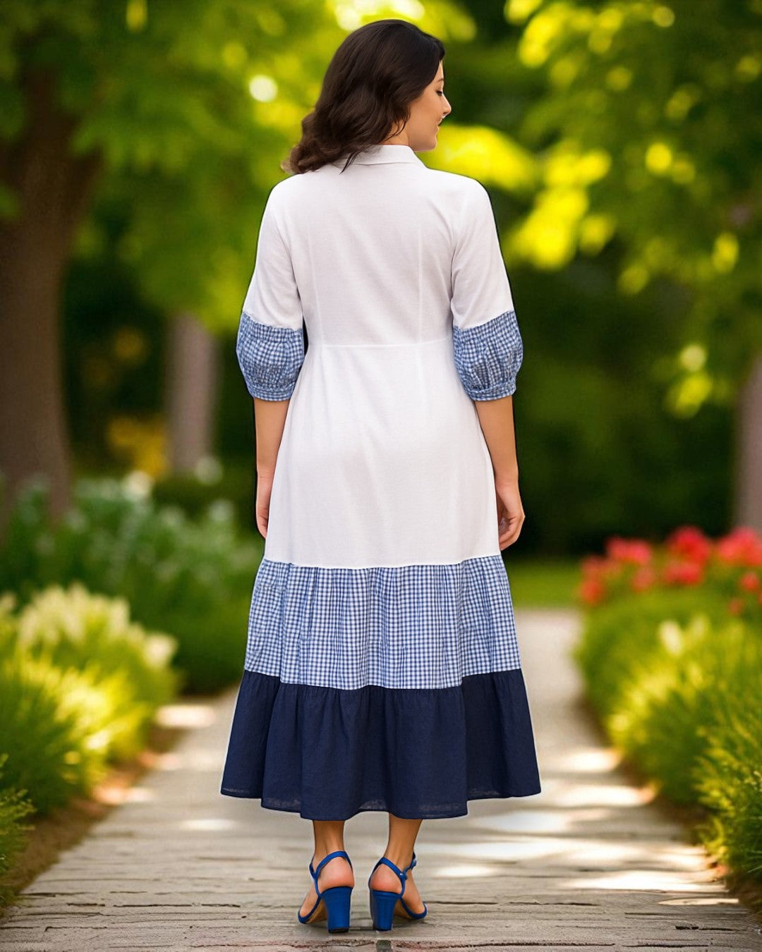 Kaiya Gamchha Accent Cotton Tiered Long Dress