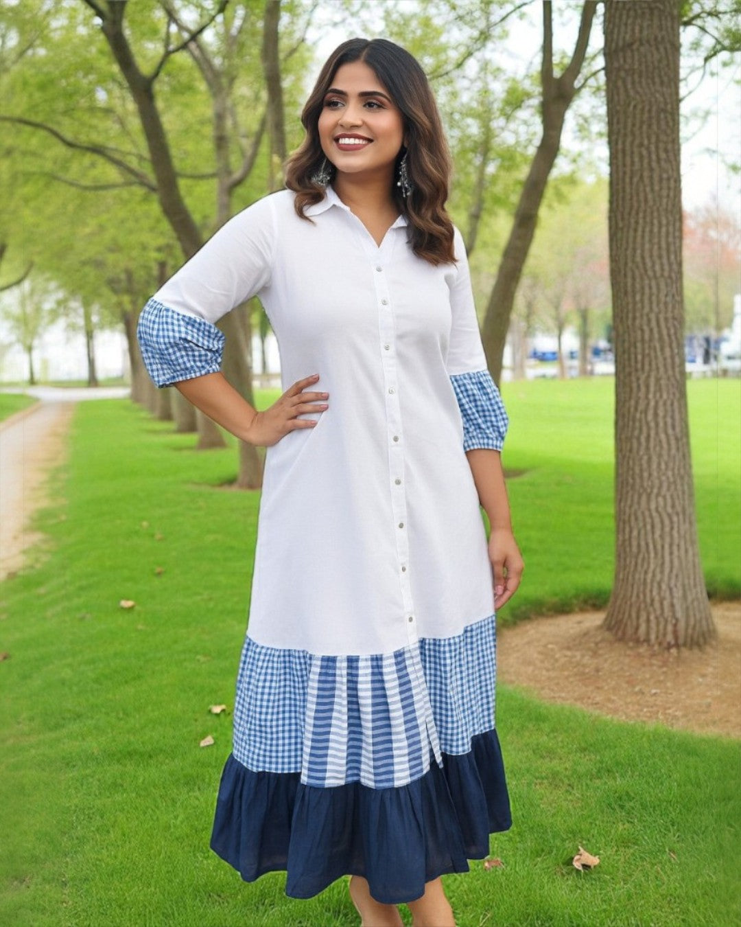 Kaiya Gamchha Accent Cotton Tiered Long Dress