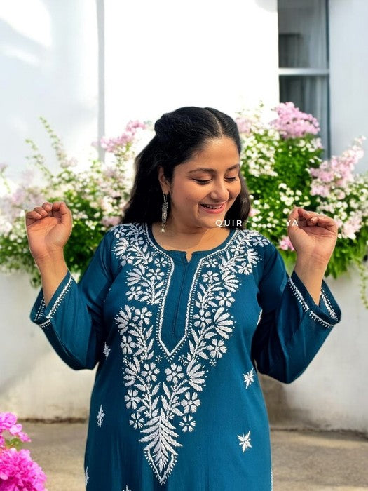 Komal Chikankari Rayon Kurta - Teal Blue