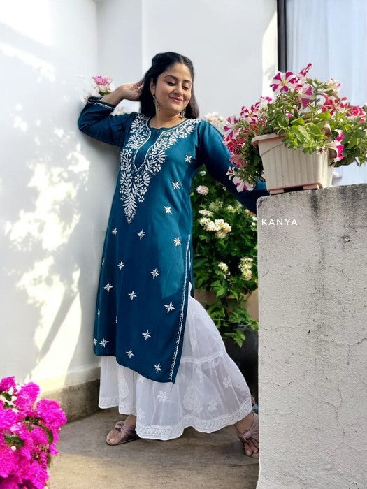 Komal Chikankari Rayon Kurta - Teal Blue