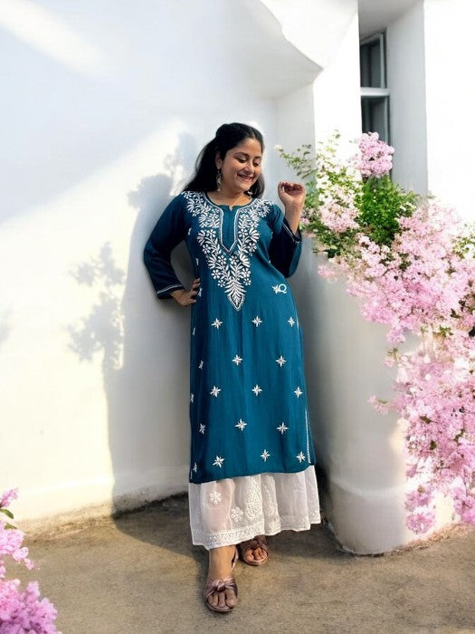 Komal Chikankari Rayon Kurta - Teal Blue