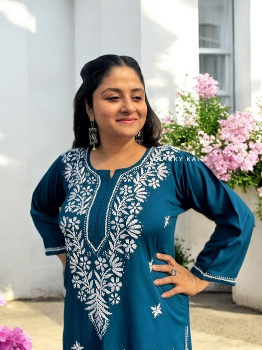 Komal Chikankari Rayon Kurta - Teal Blue