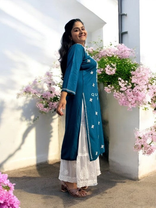 Komal Chikankari Rayon Kurta - Teal Blue