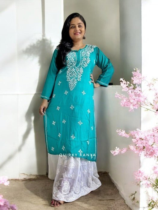 Komal Chikankari Rayon Kurta - Turquoise Blue