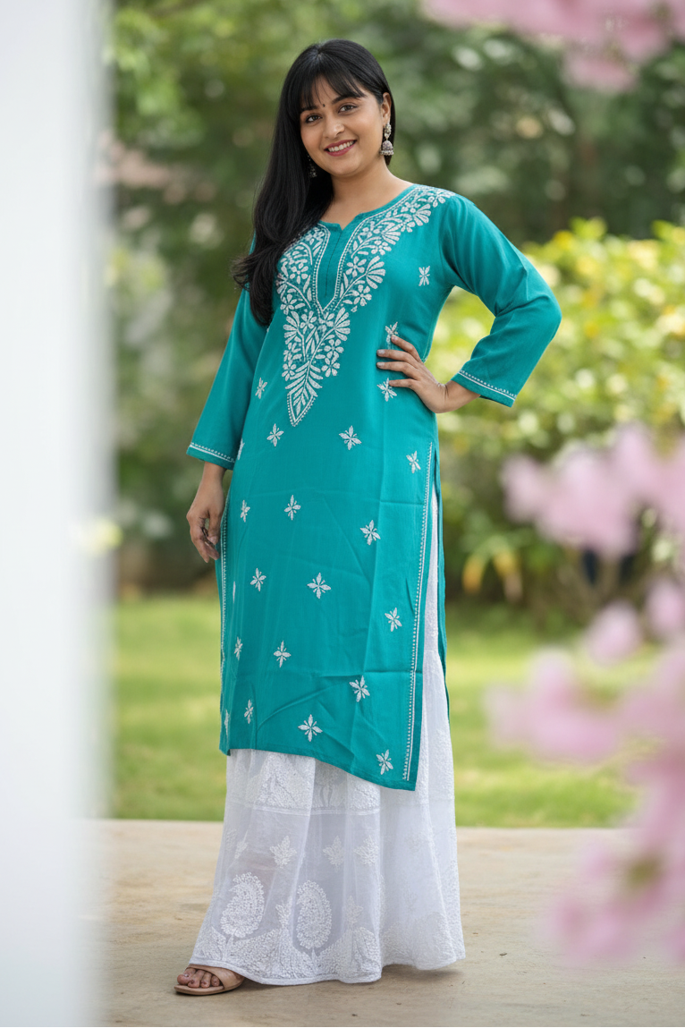Komal Chikankari Rayon Kurta - Turquoise Blue