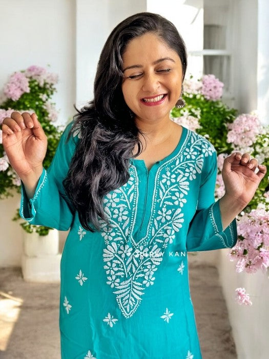 Komal Chikankari Rayon Kurta - Turquoise Blue