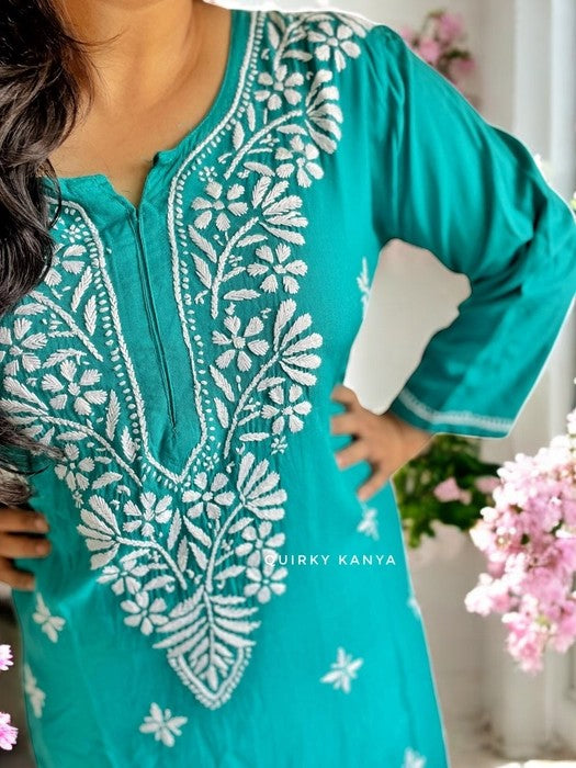 Komal Chikankari Rayon Kurta - Turquoise Blue