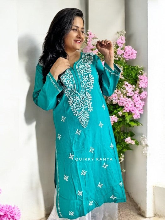 Komal Chikankari Rayon Kurta - Turquoise Blue