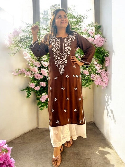 Komal Chikankari Rayon Kurta - Brown