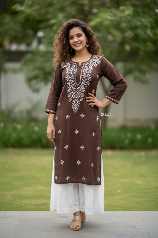 Komal Chikankari Rayon Kurta - Brown
