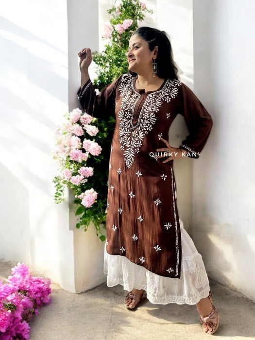 Komal Chikankari Rayon Kurta - Brown