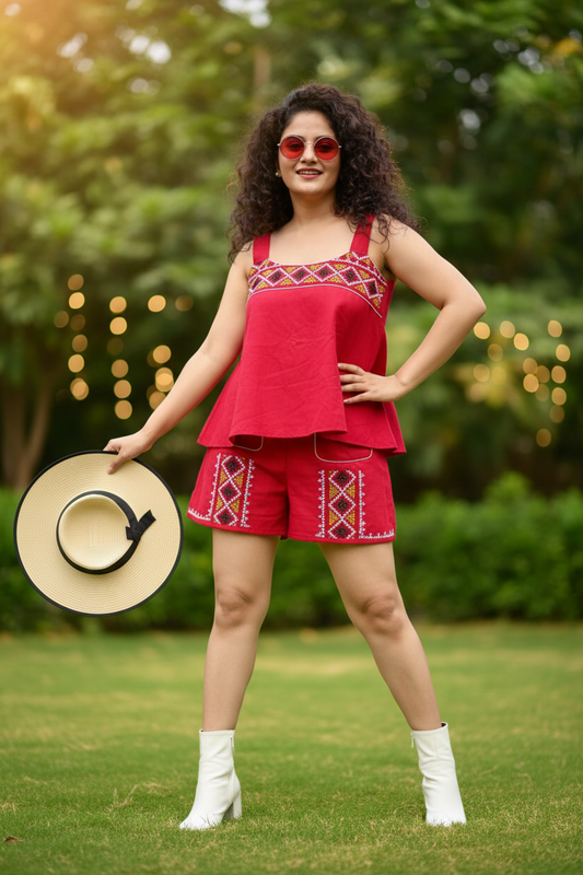 Laal Mirchi Gujarati Stitch Cotton Coord Set