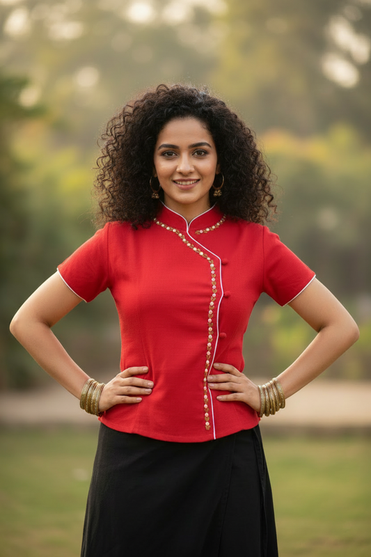 Leishi Cheongsam Cotton Top - Red and White