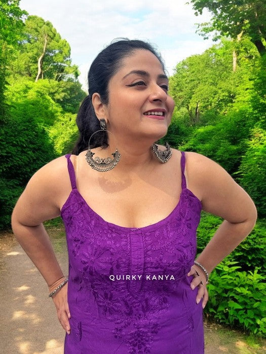 Mehr Chikankari Rayon Strappy Kurta - Purple