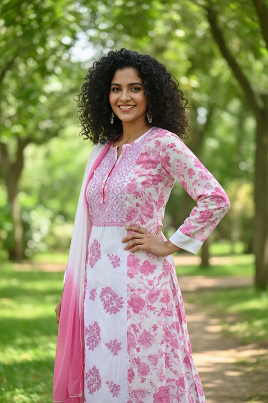 Nandini Chikankari Printed Georgette Kurta Set - Pink