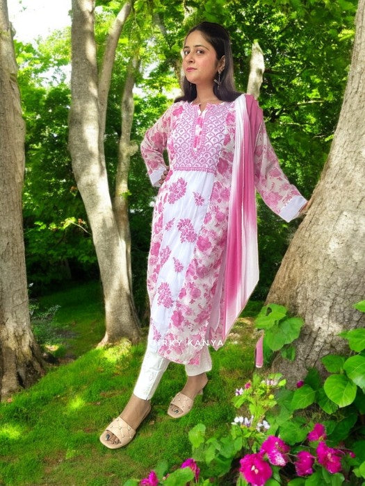 Nandini Chikankari Printed Georgette Kurta Set - Pink