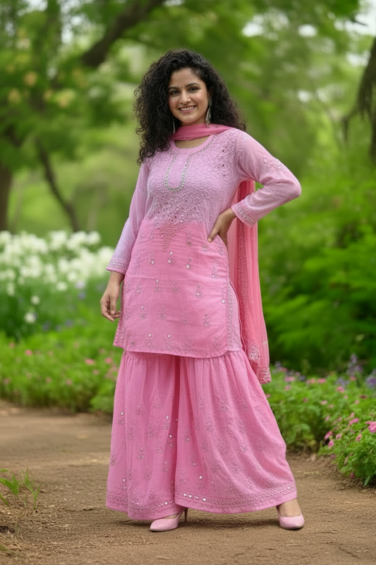 Nazneen Mirror Chikankari Georgette Short Kurta Sharara Set - Pink