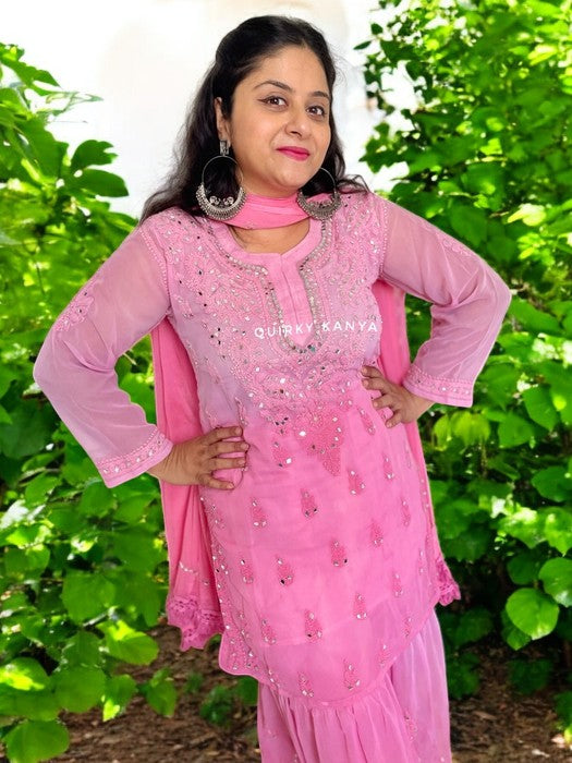 Nazneen Mirror Chikankari Georgette Short Kurta Sharara Set - Pink