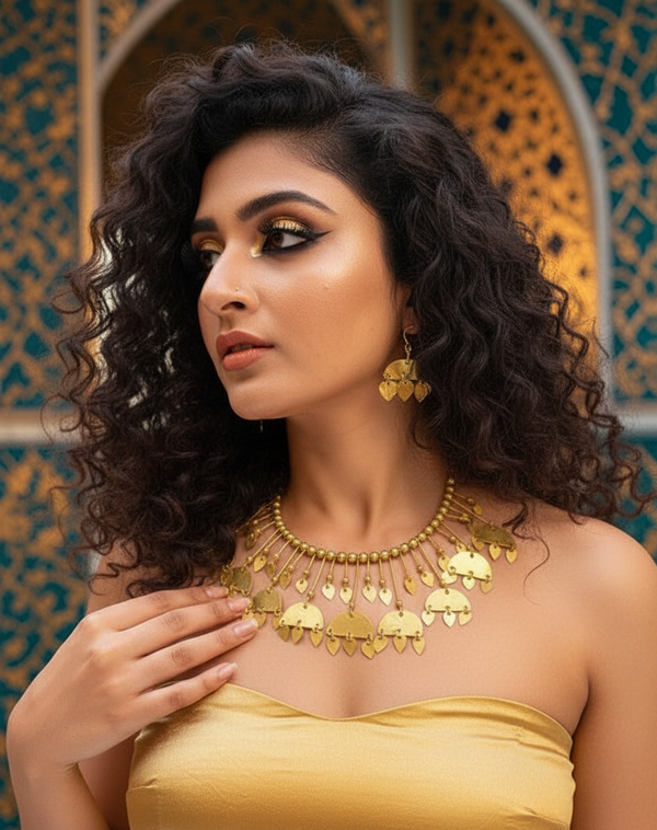 Nefertiti Brass Necklace Jewelry Set (Necklace, Earrings)