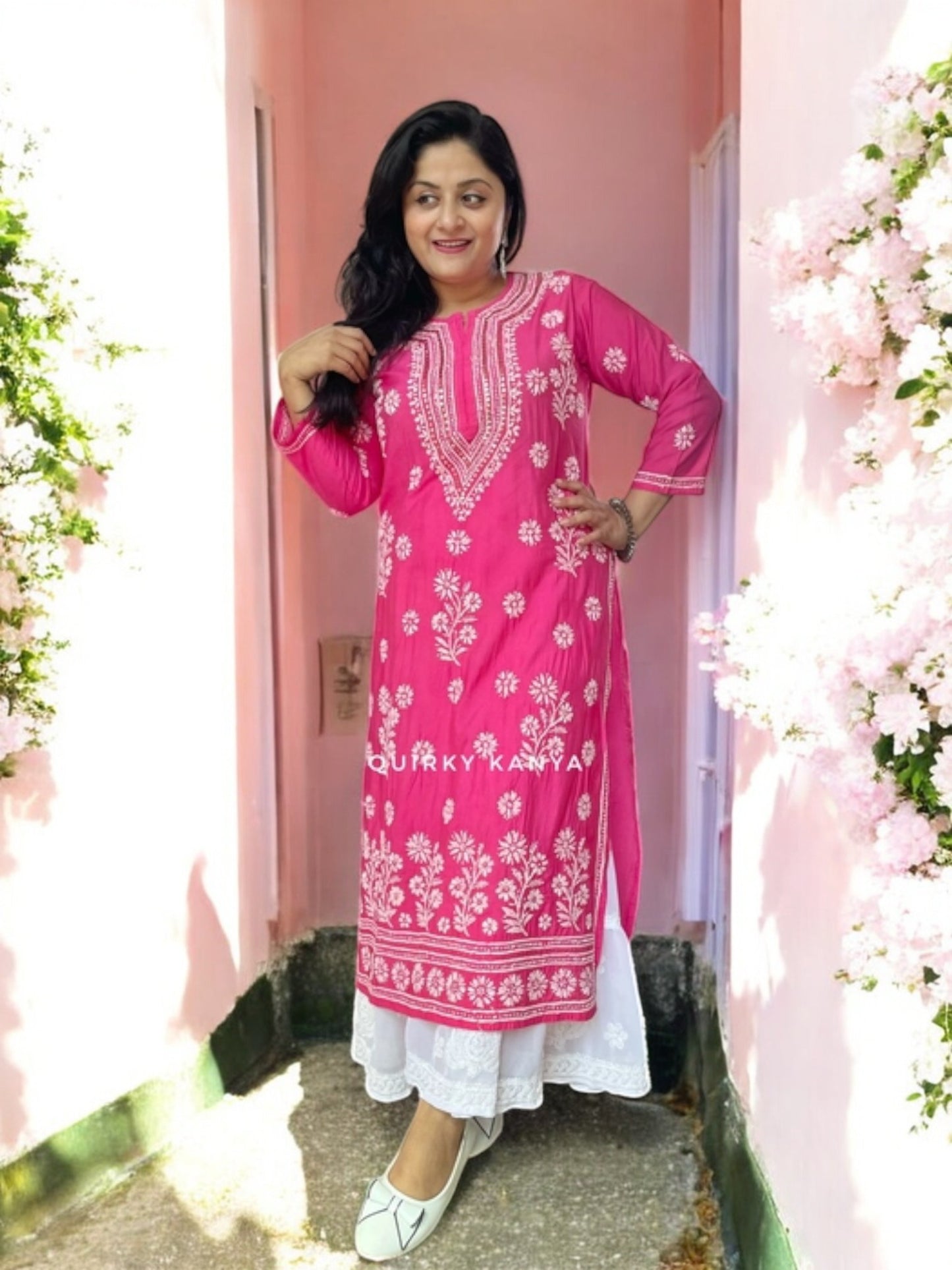 Noor Chikankari Chanderi Silk Kurta - Hot Pink