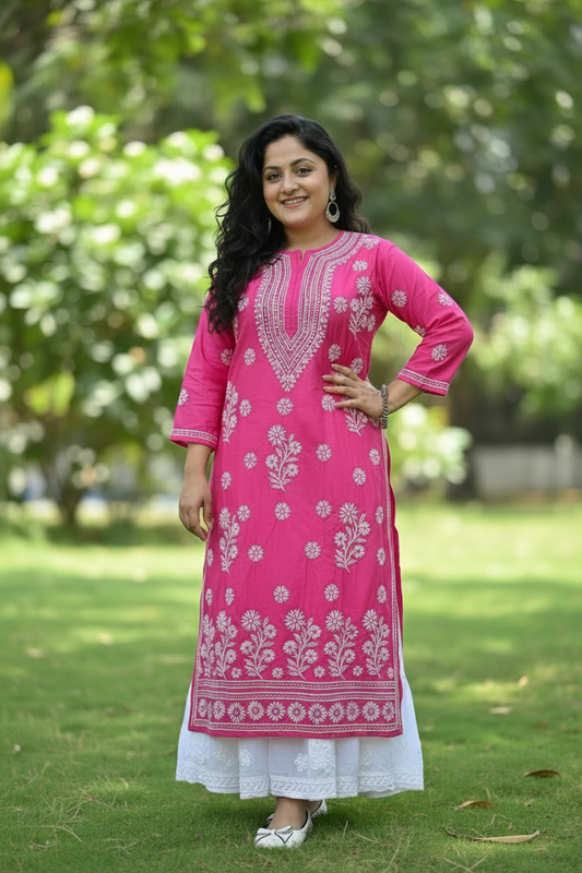 Noor Chikankari Chanderi Silk Kurta - Hot Pink