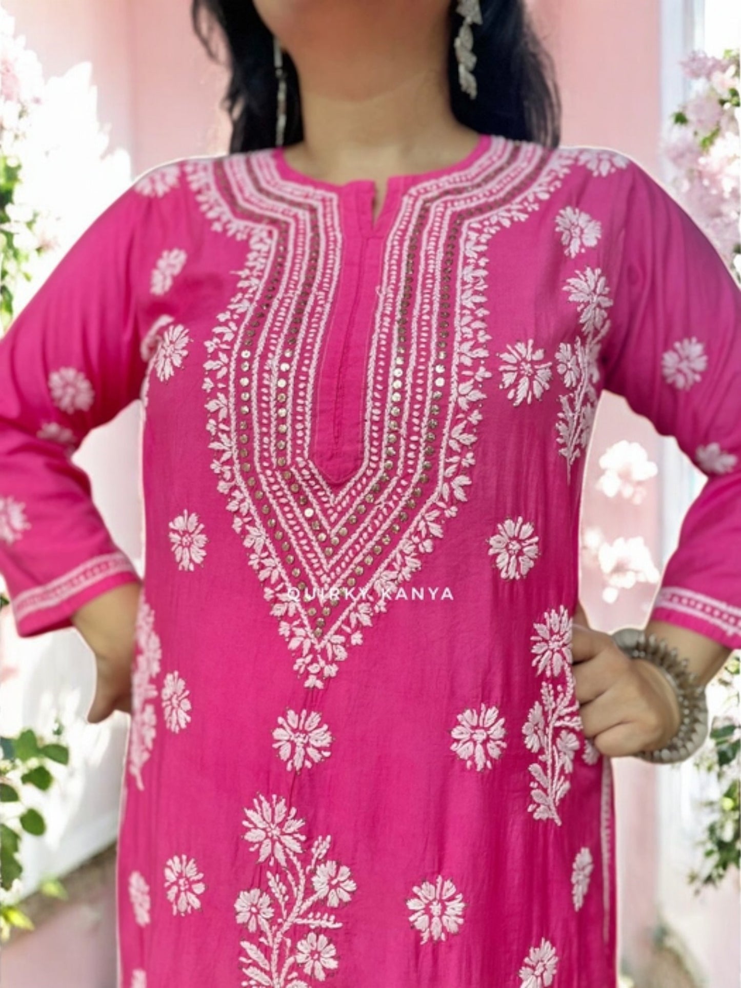 Noor Chikankari Chanderi Silk Kurta - Hot Pink