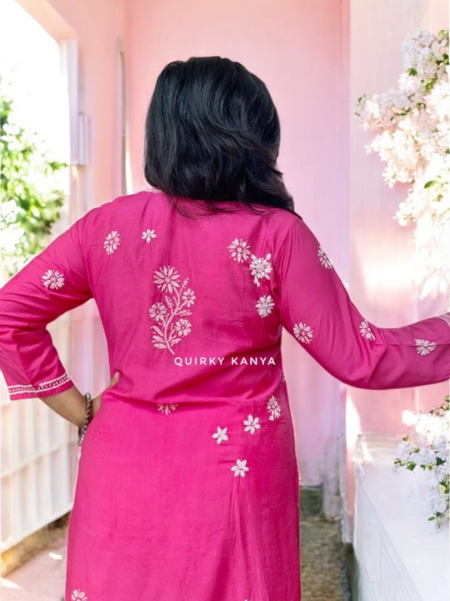 Noor Chikankari Chanderi Silk Kurta - Hot Pink