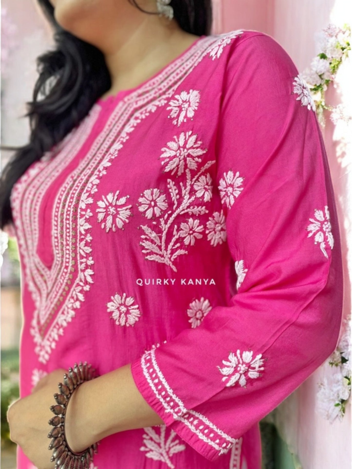 Noor Chikankari Chanderi Silk Kurta - Hot Pink