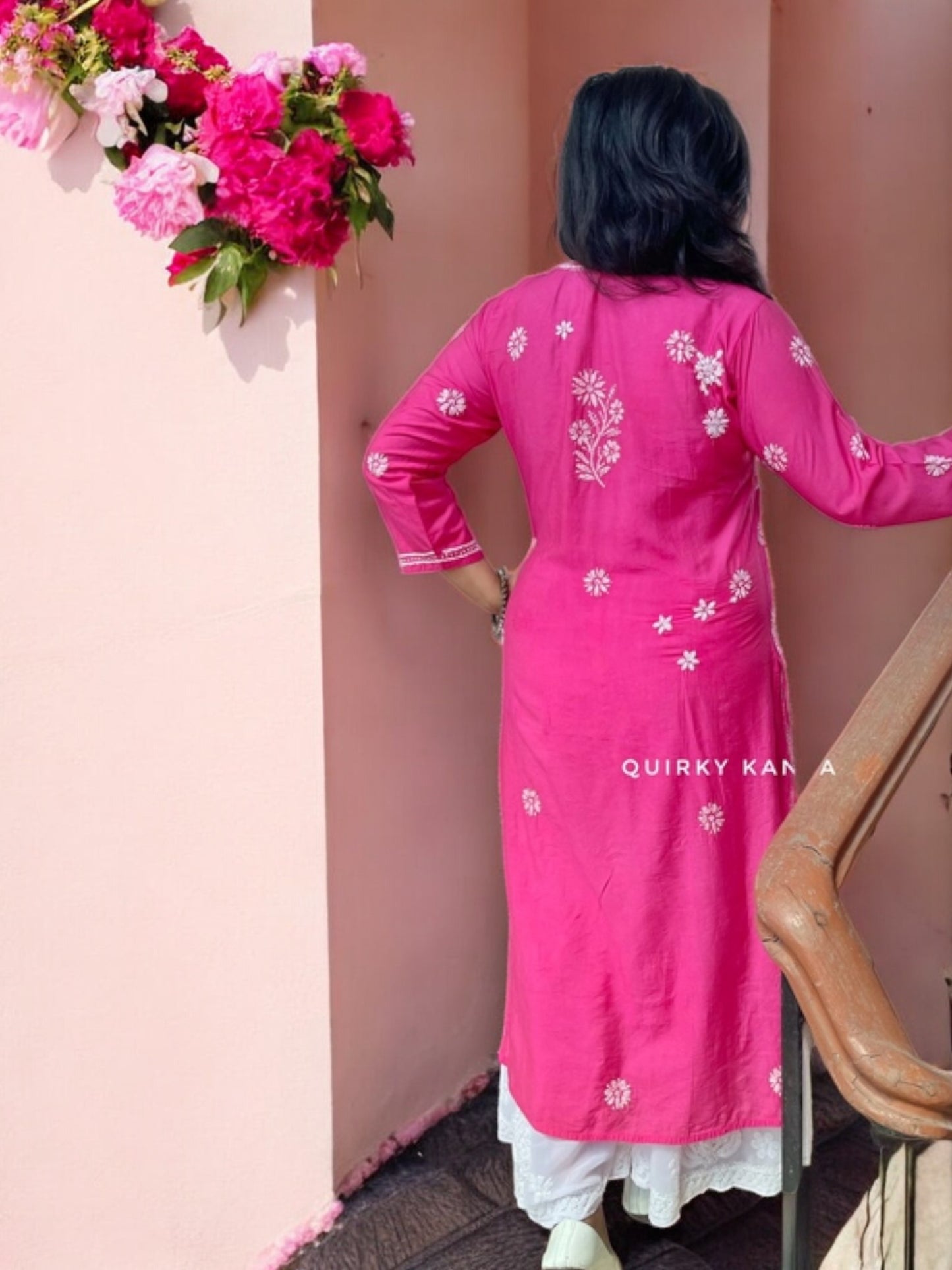 Noor Chikankari Chanderi Silk Kurta - Hot Pink