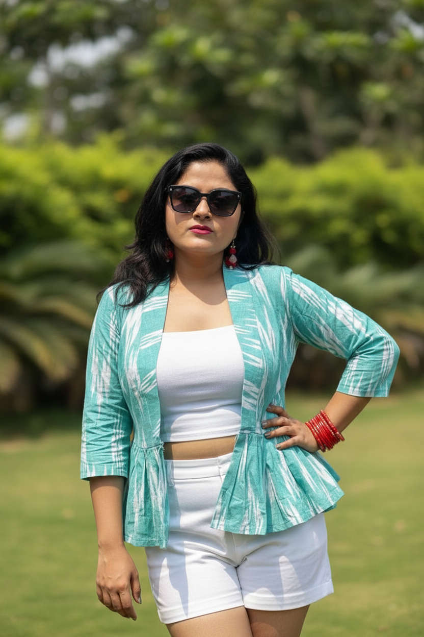 Odishi Ikkat Print Cotton Peplum Jacket - Aqua
