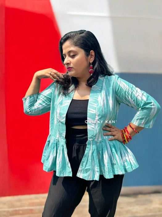 Odishi Ikkat Print Cotton Peplum Jacket - Aqua