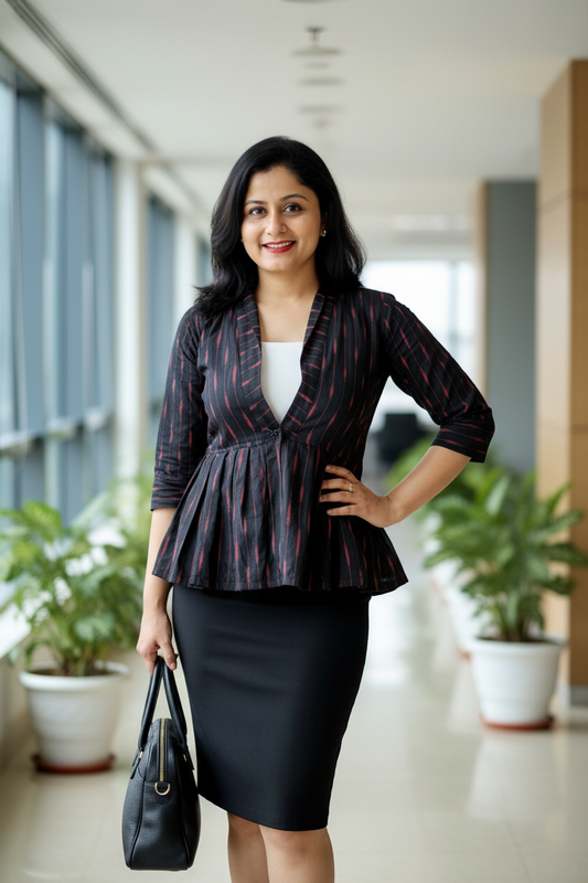 Odishi Ikkat Print Cotton Peplum Jacket - Black Red