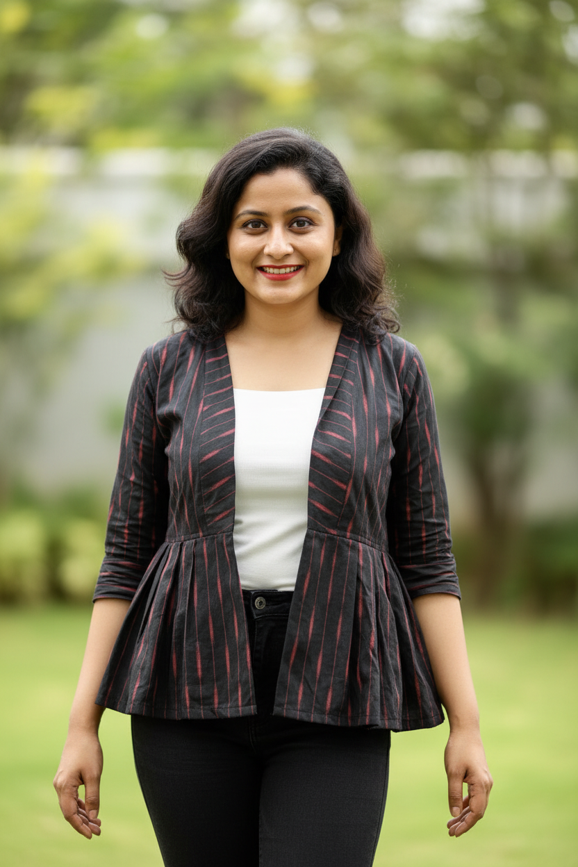 Odishi Ikkat Print Cotton Peplum Jacket - Black Red