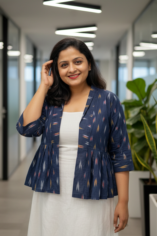 Odishi Ikkat Print Cotton Peplum Jacket - Blue