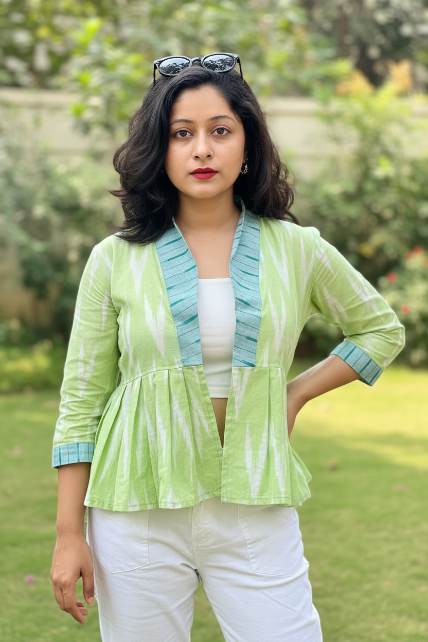 Odishi Ikkat Print Cotton Peplum Jacket- Green