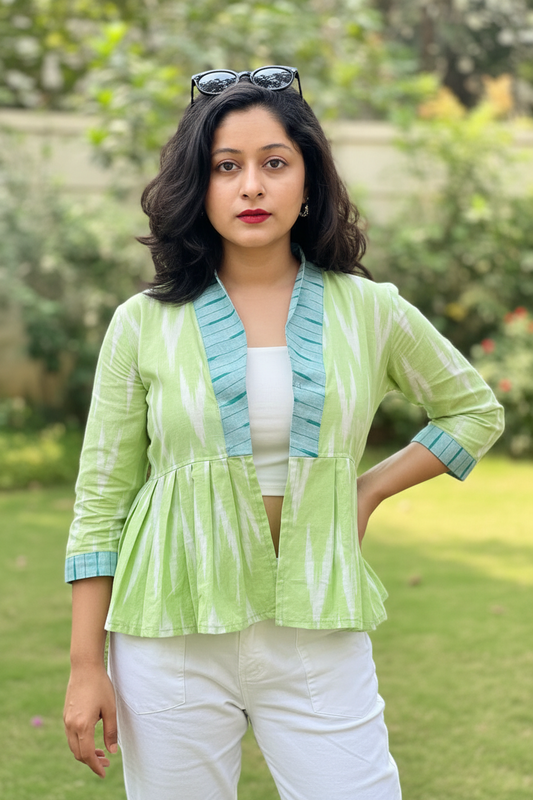 Odishi Ikkat Print Cotton Peplum Jacket- Green