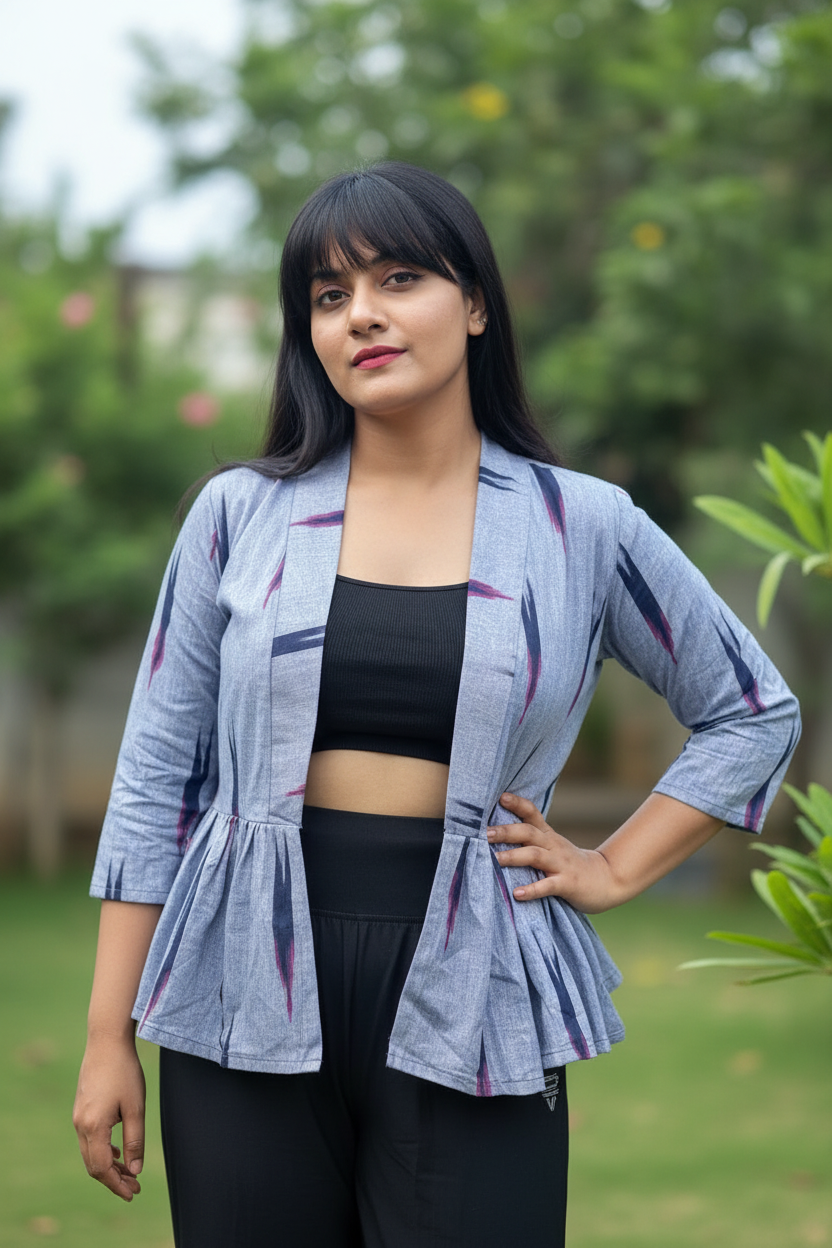 Odishi Ikkat Print Cotton Peplum Jacket - Grey Jacket