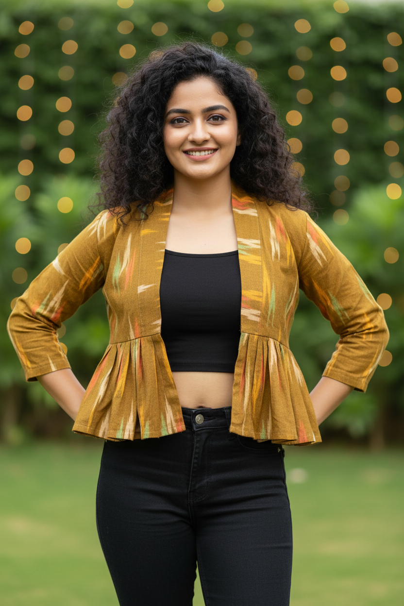 Odishi Ikkat Print Cotton Peplum Jacket - Olive