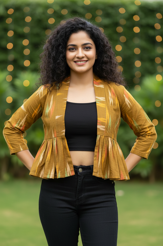 Odishi Ikkat Print Cotton Peplum Jacket - Olive