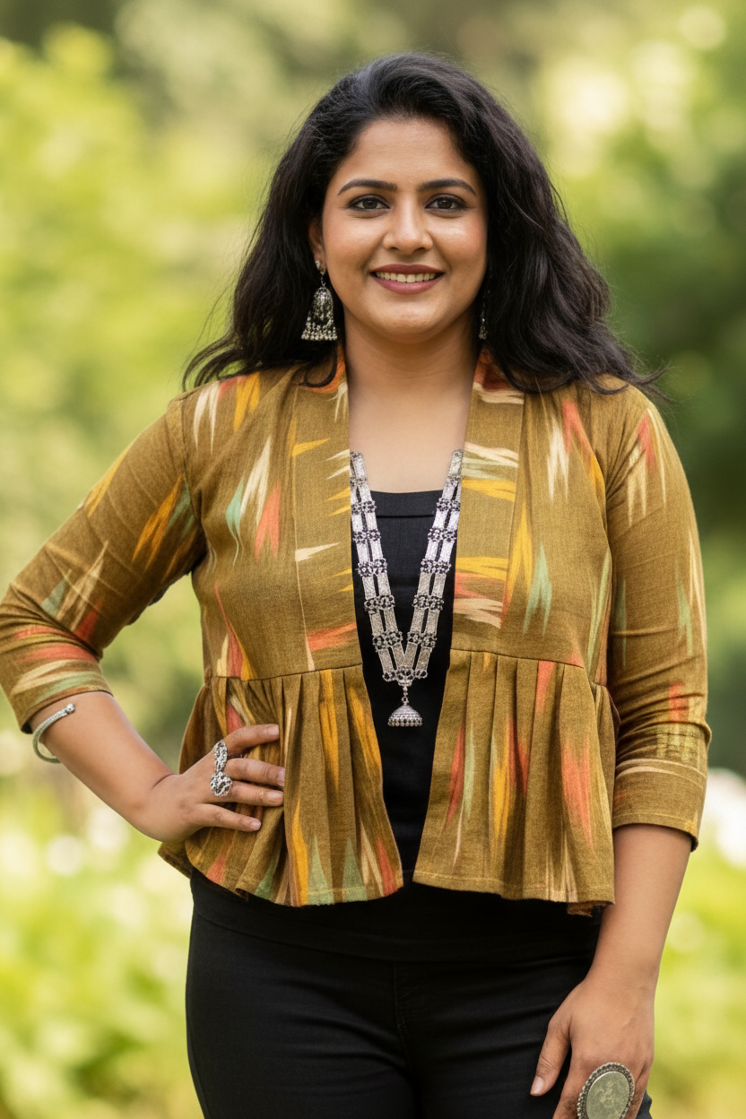 Odishi Ikkat Print Cotton Peplum Jacket - Olive