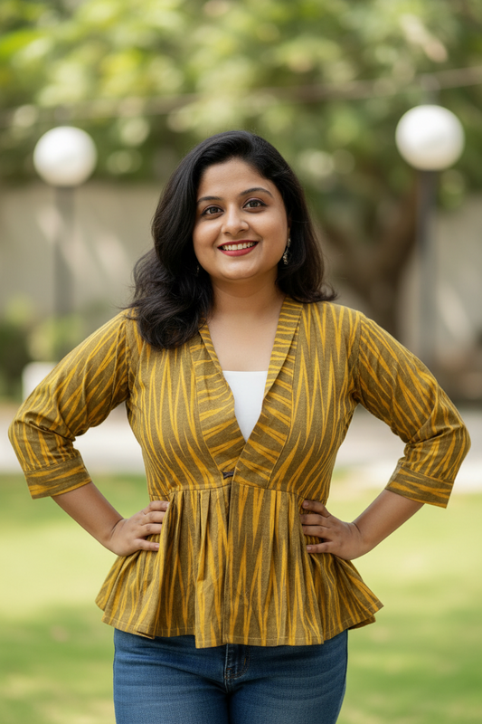 Odishi Ikkat Print Cotton Peplum Jacket - Yellow