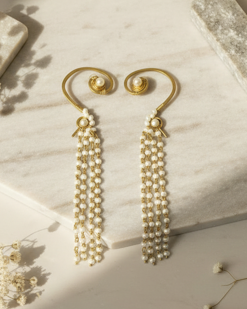 Pearl Waterfalls Brass Earcuff Earrings
