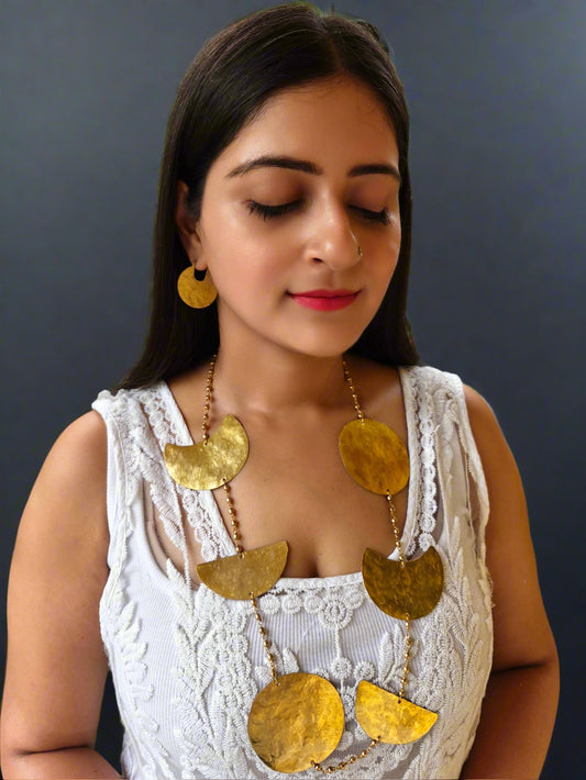 Phases of the Moon Brass Statement Necklace Jewelry Set (Necklace, Earrings)